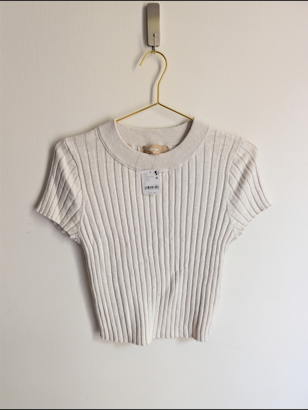 Free People Ribbed Short Sleeve Crop Top in Oatmeal